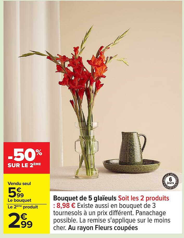 Bouquet de 5 glaïeuls Soit les 2 produits : 8,98 €