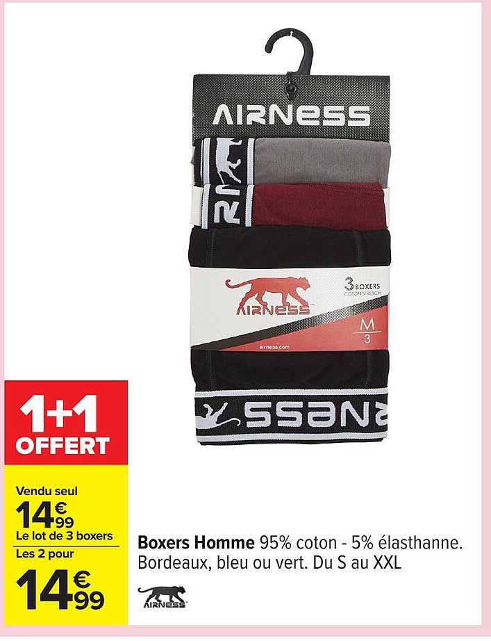 Boxers Homme 95% coton - 5% élasthanne. Bordeaux, bleu ou vert. Du S au XXL