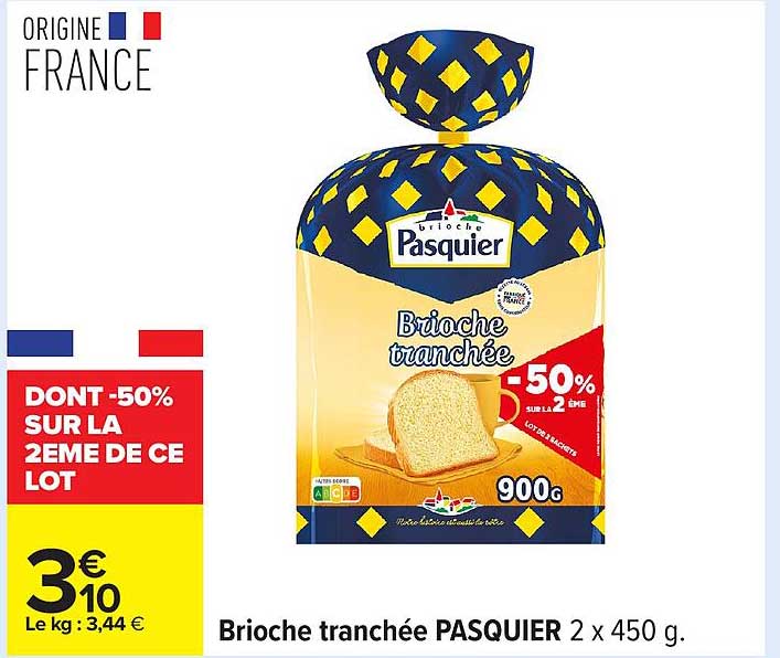 Brioche tranchée PASQUIER 2 x 450 g.