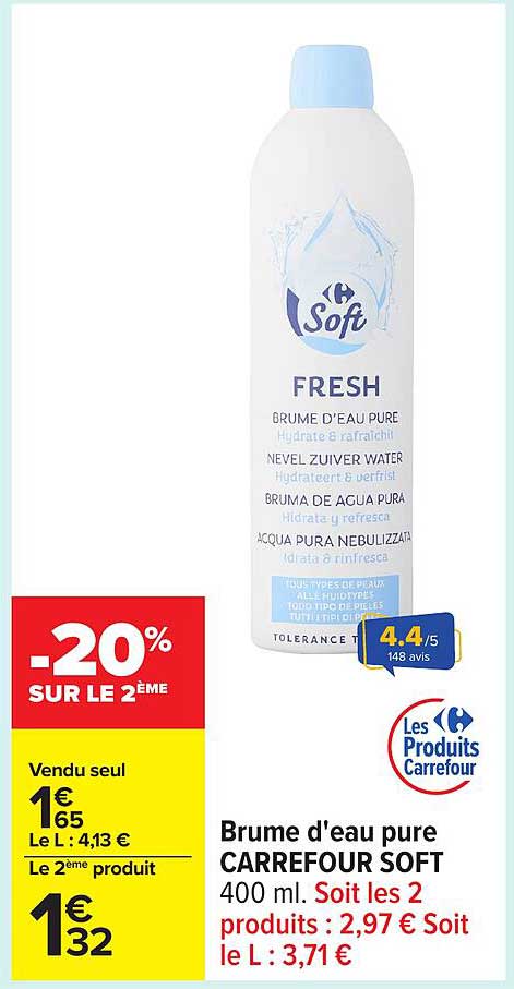 Brume d'eau pure CARREFOUR SOFT 400 ml