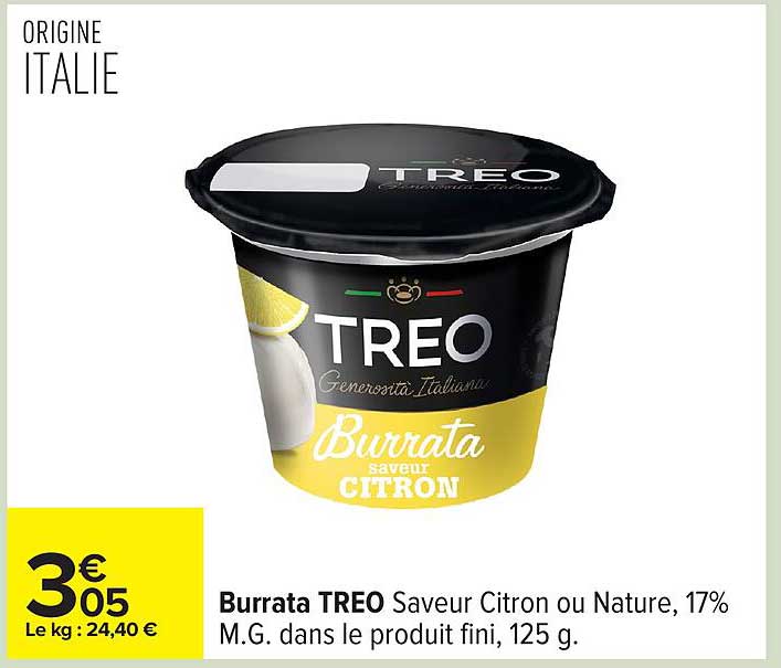 Burrata TREO Saveur Citron ou Nature, 17% M.G. dans le produit fini, 125 g.