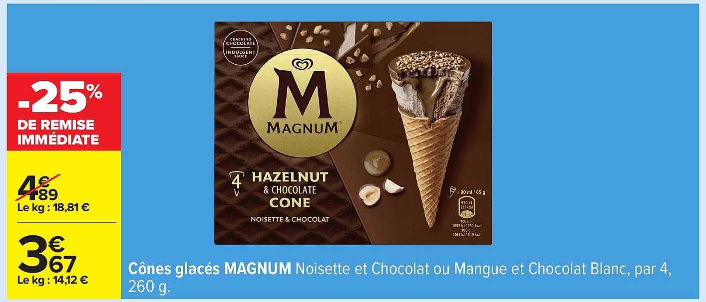 Cônes glacés MAGNUM Noisette et Chocolat ou Mangue et Chocolat Blanc, par 4, 260 g.