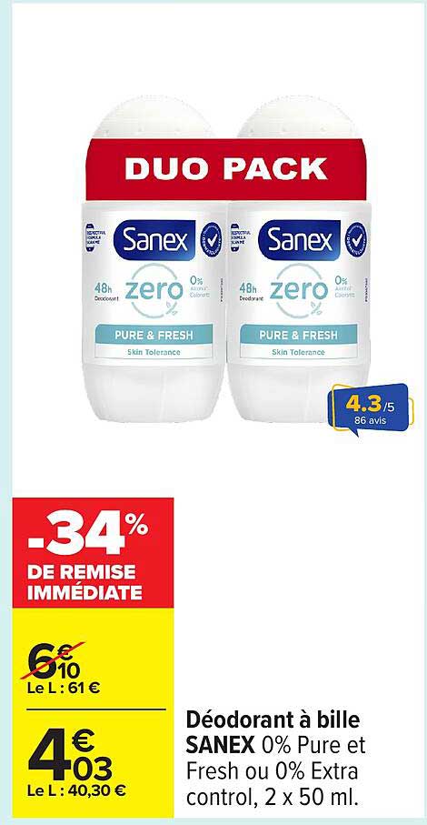 Déodorant à bille SANEX 0% Pure et Fresh