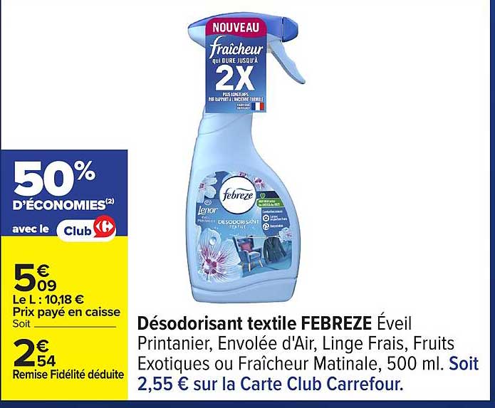 Désodorisant textile FEBREZE Éveil Printanier, Envolée d'Air, Linge Frais, Fruits Exotiques ou Fraîcheur Matinale, 500 ml.