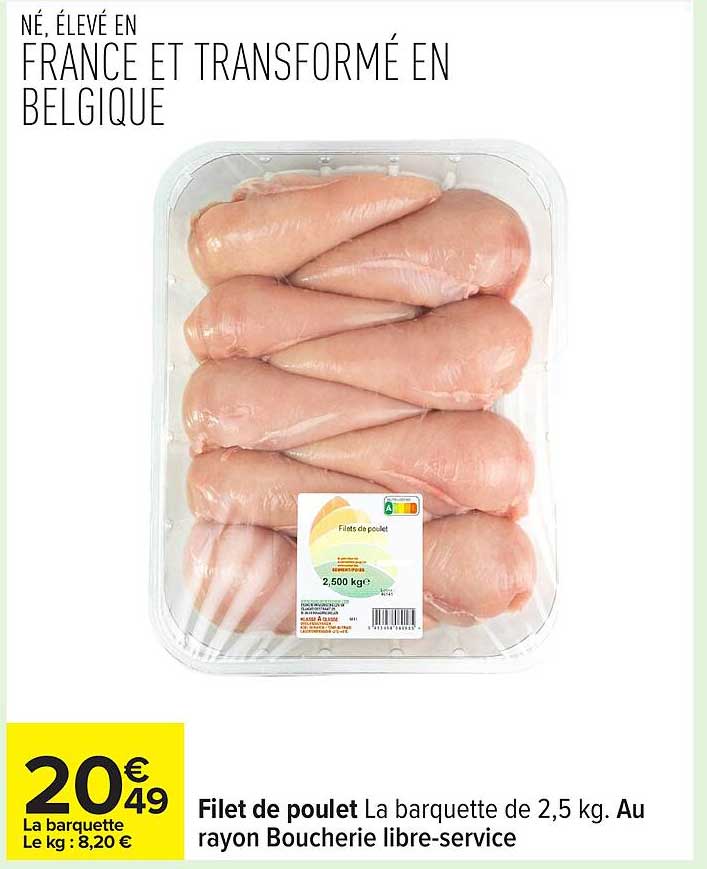 Filet de poulet La barquette de 2,5 kg. Au rayon Boucherie libre-service
