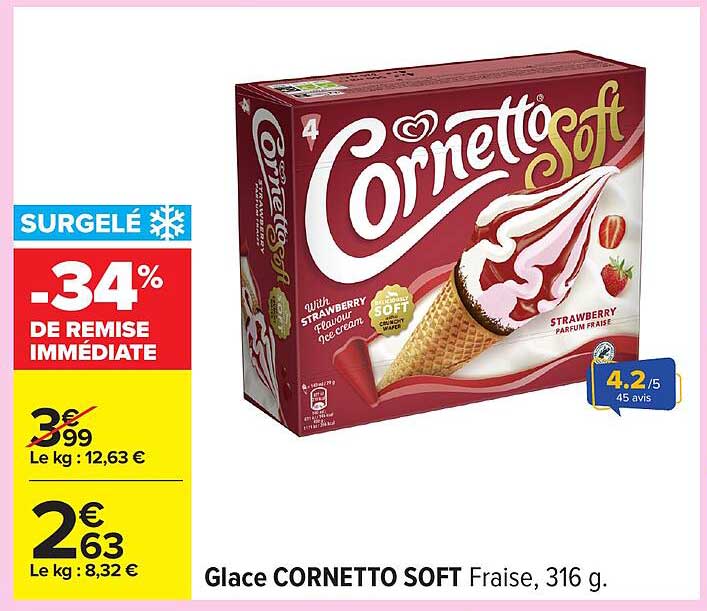 Glace CORNETTO SOFT Fraise, 316 g.