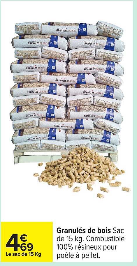 Granulés de bois Sac de 15 kg. Combustible 100% résineux pour poêle à pellet.