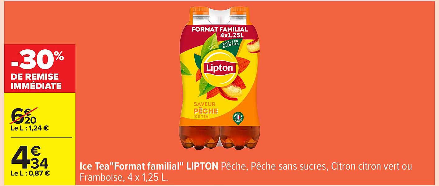 Ice Tea "Format familial" LIPTON Pêche, Pêche sans sucres, Citron citron vert ou Framboise, 4 x 1,25 L.