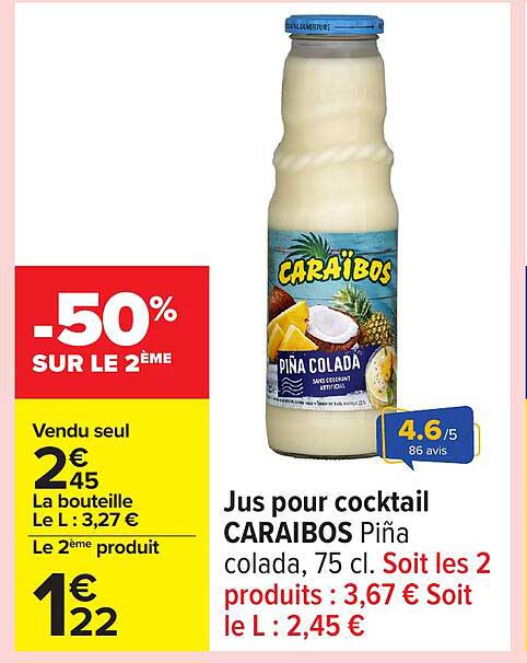Jus pour cocktail CARAÏBOS Piña colada, 75 cl