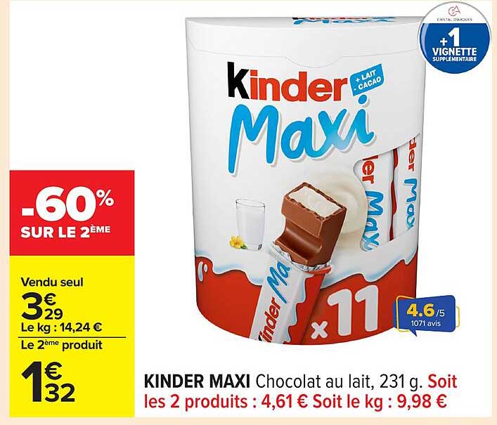 KINDER MAXI Chocolat au lait, 231 g.