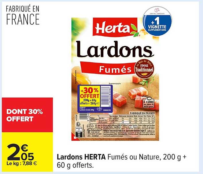 Lardons HERTA Fumés ou Nature, 200 g + 60 g offerts