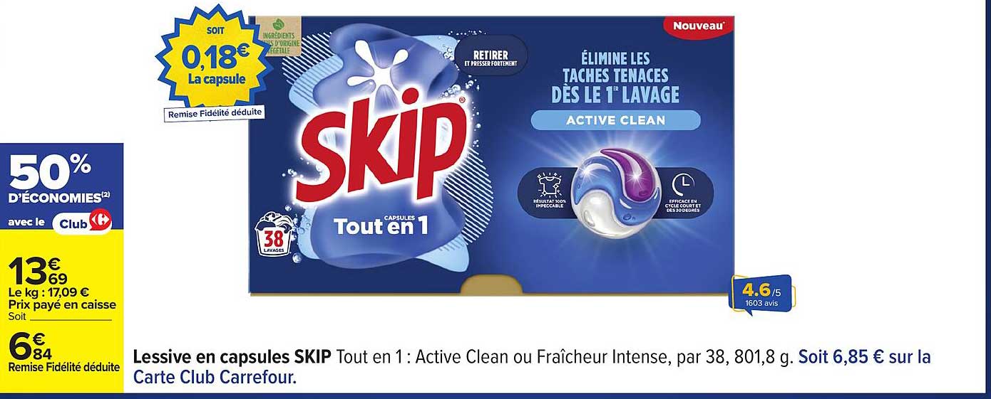 Lessive en capsules SKIP Tout en 1 : Active Clean ou Fraîcheur Intense