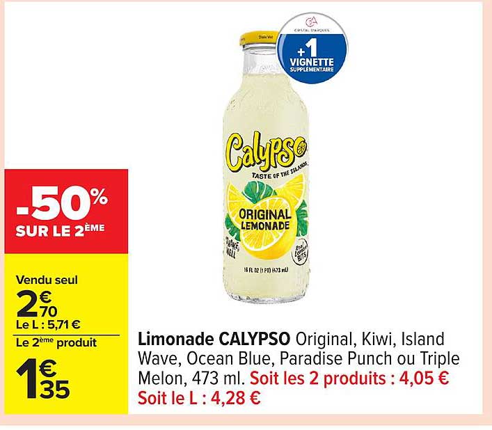 Limonade CALYPSO Original, Kiwi, Island Wave, Ocean Blue, Paradise Punch ou Triple Melon, 473 ml