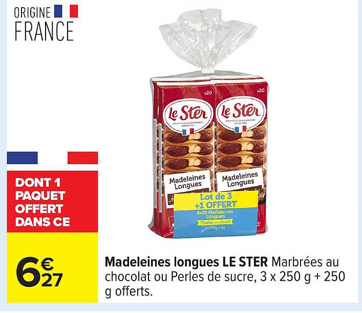 Madeleines longues LE STER Marbrées au chocolat ou Perles de sucre, 3 x 250 g + 250 g offerts.