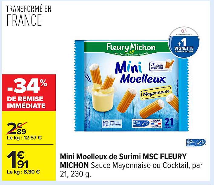 Mini Moelleux de Surimi MSC FLEURY MICHON Sauce Mayonnaise ou Cocktail, par 21, 230 g.