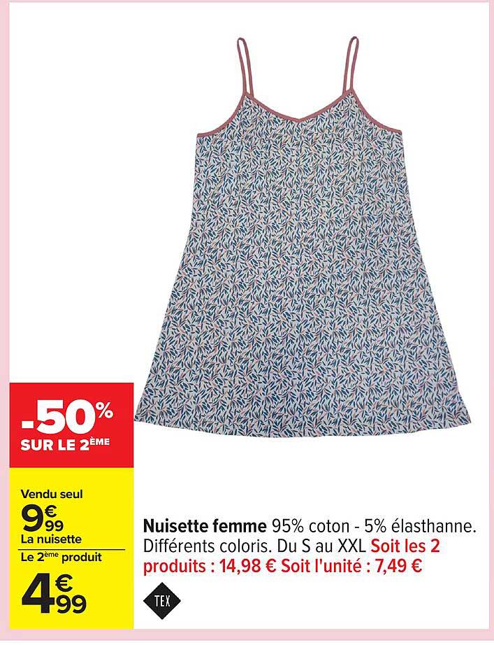 Nuisette femme 95% coton - 5% élasthanne. Différents coloris.