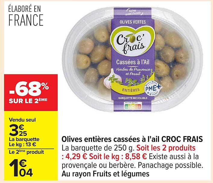 Olives entières cassées à l'ail CROC FRAIS