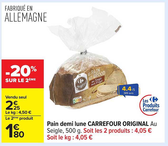 Pain demi lune CARREFOUR ORIGINAL Au Seigle, 500 g