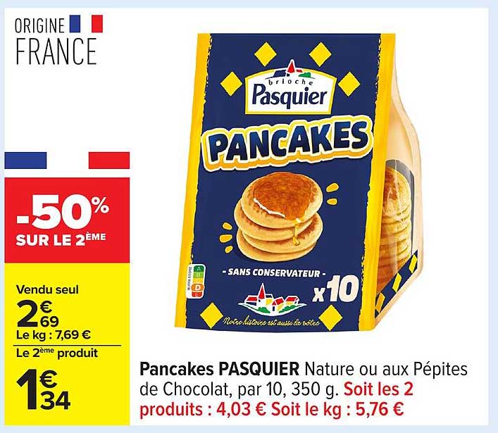 Pancakes PASQUIER Nature ou aux Pépite de Chocolat, par 10, 350 g.