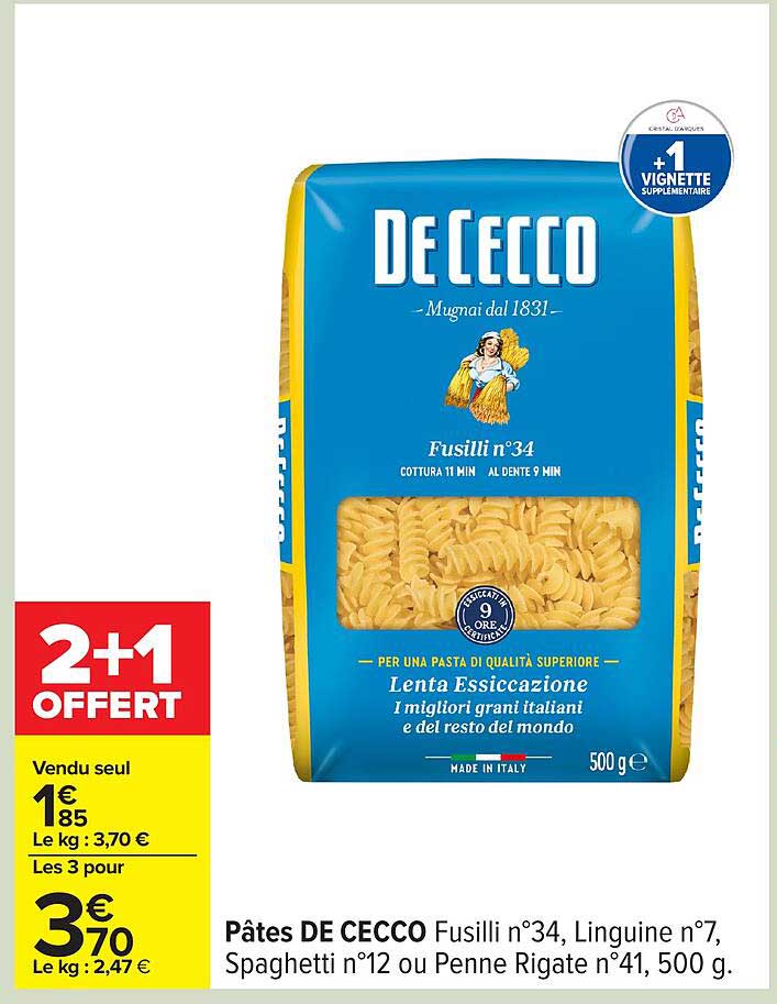 Pâtes DE CECCO Fusilli n°34, Linguine n°7, Spaghetti n°12 ou Penne Rigate n°41, 500 g.