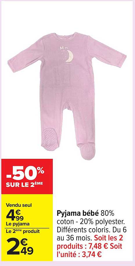 Pyjama bébé 80% coton - 20% polyester. Différents coloris. Du 6 au 36 mois.