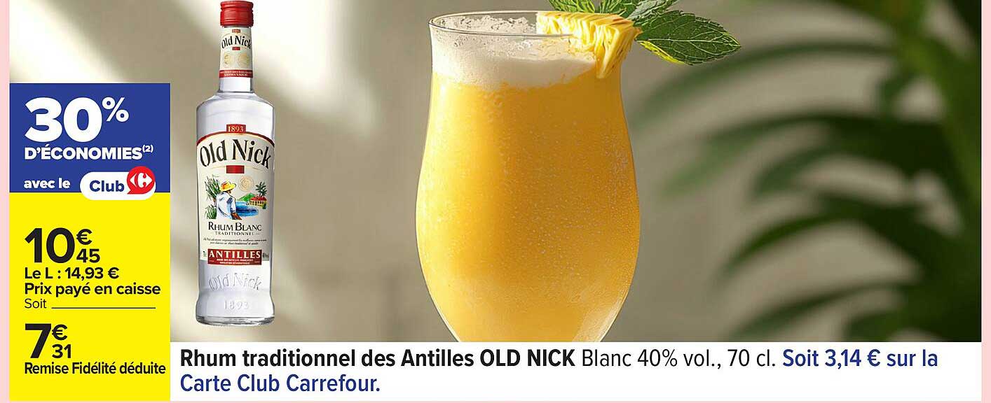 Rhum traditionnel des Antilles OLD NICK Blanc 40% vol., 70 cl.