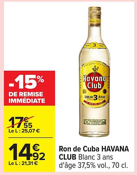 Ron de Cuba HAVANA CLUB Blanc 3 ans d'âge 37,5% vol., 70 cl.