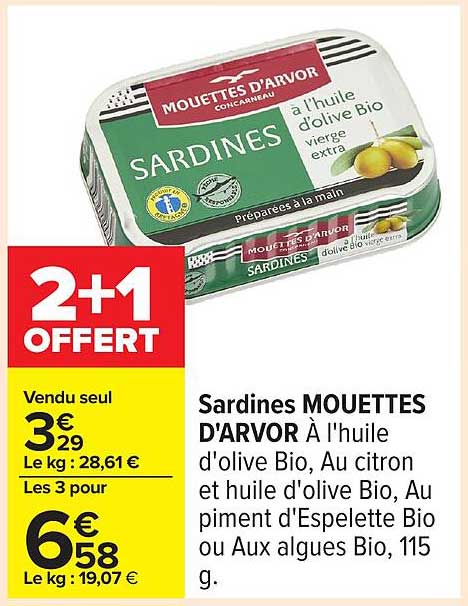 Sardines MOUETTES D'ARVOR À l'huile d'olive Bio, Au citron et huile d'olive Bio, Au piment d'Espelette Bio ou Aux algues Bio, 115 g