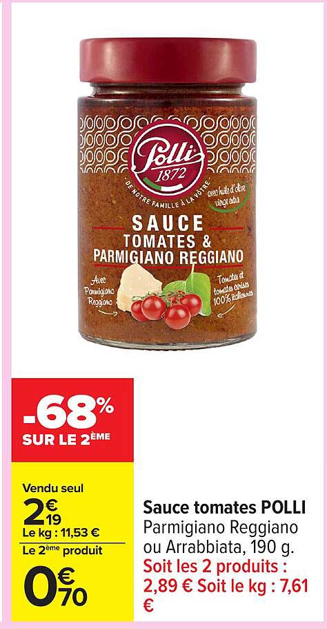 Sauce tomates POLLI Parmigiano Reggiano ou Arrabbiata, 190 g.