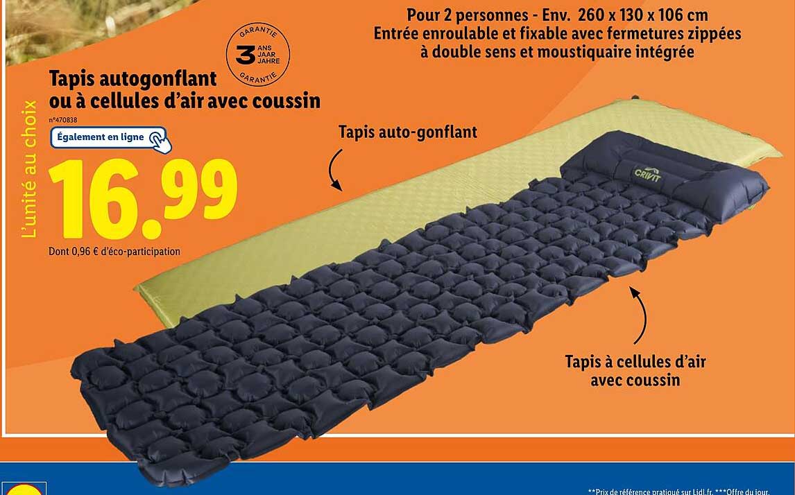 Tapis autogonflant ou à cellules d’air avec coussin