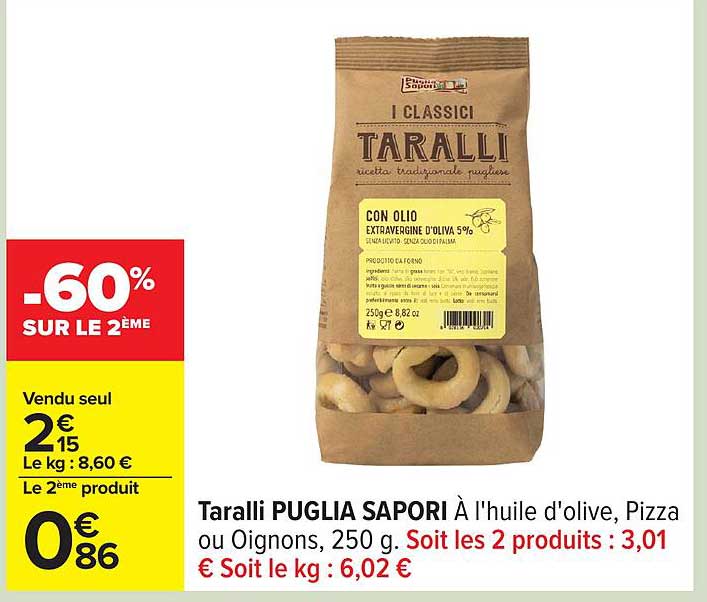 Taralli Puglia Sapori à l'huile d'olive, Pizza ou Oignons, 250 g