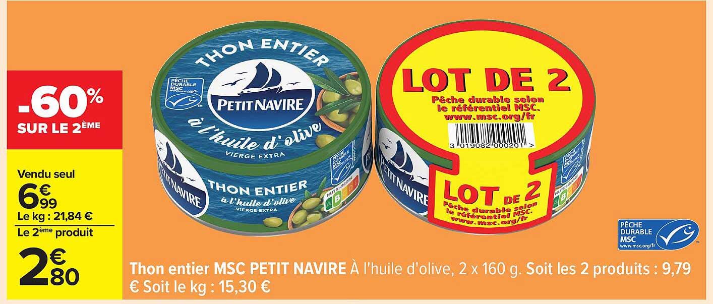 Thon entier MSC PETIT NAVIRE À l'huile d'olive, 2 x 160 g