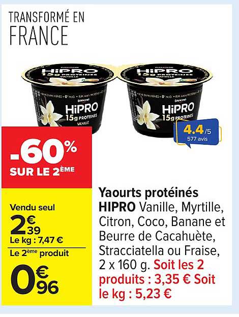 Yaourts protéinés HIPRO Vanille, Myrtille, Citron, Coco, Banane et Beurre de Cacahuète, Stracciatella ou Fraise, 2 x 160 g