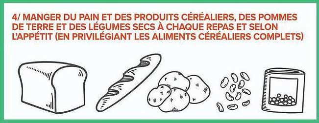 4/ MANGER DU PAIN ET DES PRODUITS CÉRÉALIERS, DES POMMES DE TERRE ET DES LÉGUMES SECS À CHAQUE REPAS ET SELON L’APPÉTIT (EN PRIVILÉGIANT LES ALIMENTS CÉRÉALIERS COMPLETS)