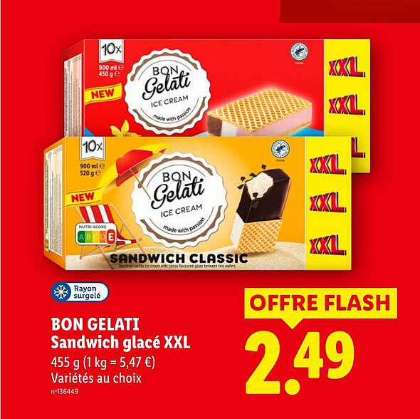 BON GELATI Sandwich glacé XXL 455 g (1 kg = 5,47 €) Variétés au choix