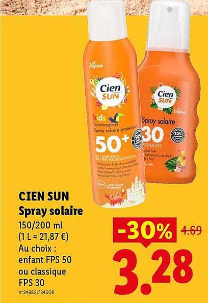 CIEN SUN Spray solaire 150/200 ml (1 L = 21,87 €) Au choix : enfant FPS 50 ou classique FPS 30