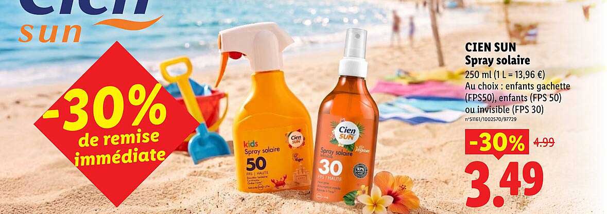 CIEN SUN Spray solaire 250 ml (1 L = 13,96 €) Au choix : enfants gachette (FPS50), enfants (FPS 50) ou invisible (FPS 30)