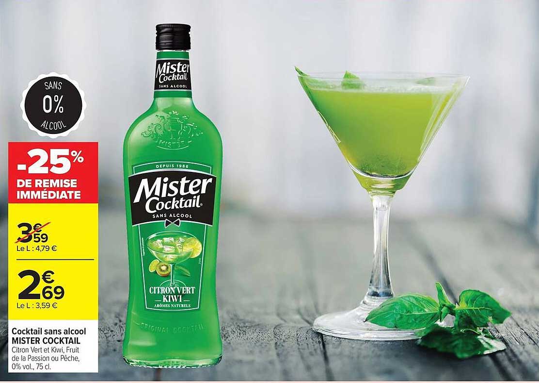 Cocktail sans alcool MISTER COCKTAIL Citron Vert et Kiwi, Fruit de la Passion ou Pêche, 0% vol., 75 cl.