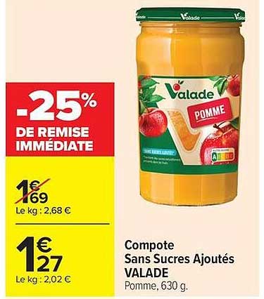Compote Sans Sucres Ajoutés VALADE Pomme, 630 g.