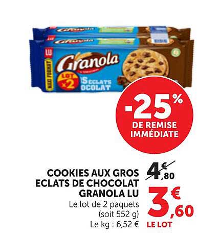 COOKIES AUX GROS ECLATS DE CHOCOLAT GRANOLA LU
