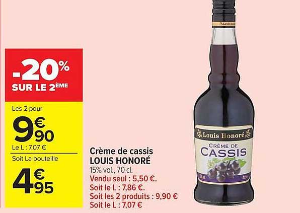 Crème de cassis LOUIS HONORÉ 15% vol., 70 cl. Vendu seul : 5,50 €. Soit le L : 7,86 €.