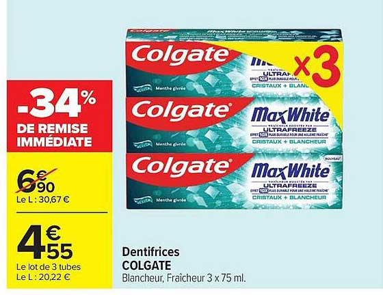 Dentifrices COLGATE Blancheur, Fraîcheur 3 x 75 ml.