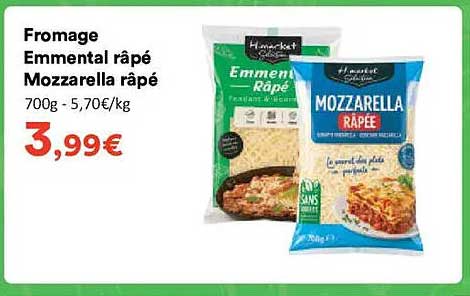 Fromage Emmental râpé Mozzarella râpé 700g - 5,70€/kg