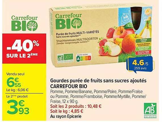 Gourdes purée de fruits sans sucres ajoutés CARREFOUR BIO