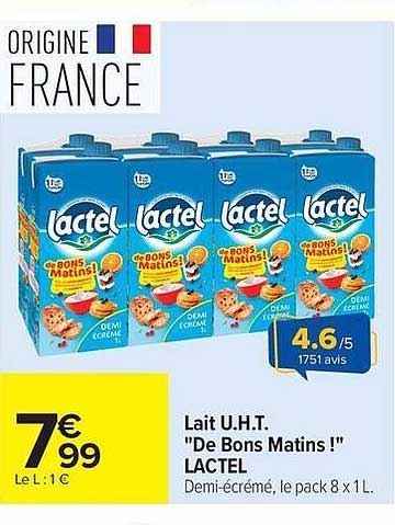Lait U.H.T. "De Bons Matins !" LACTEL Demi-écrémé, le pack 8 x 1L.