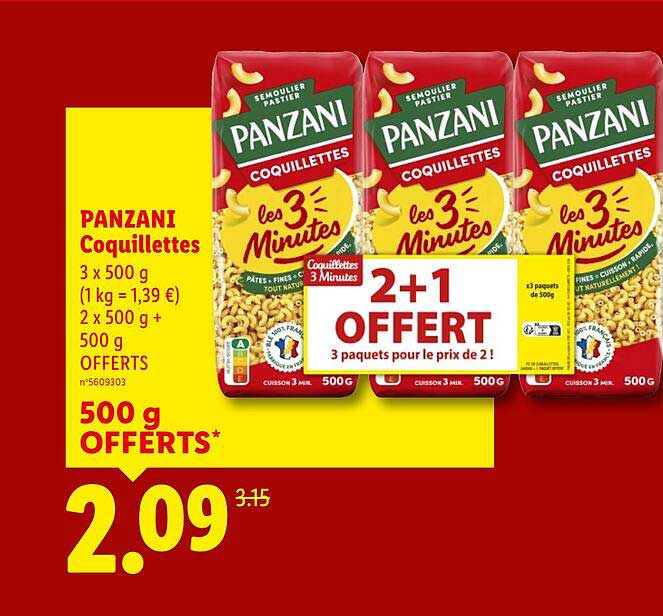 PANZANI Coquillettes 3 x 500 g (1 kg = 1,39 €) 2 x 500 g + 500 g OFFERTS