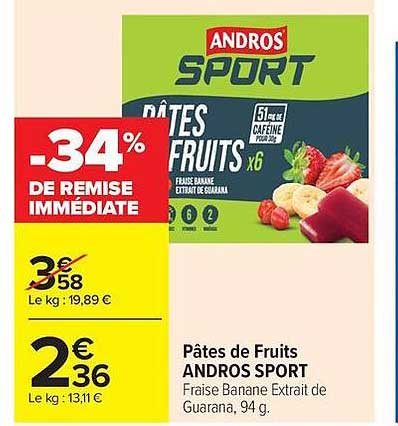 Pâtes de Fruits ANDROS SPORT Fraise Banane Extrait de Guarana, 94 g.