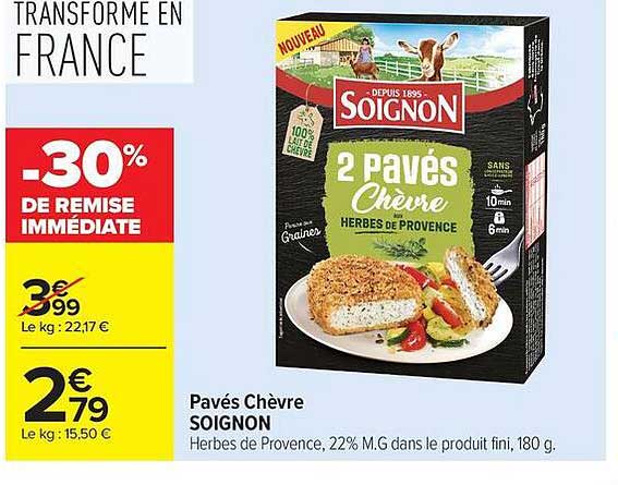 Pavés Chèvre SOIGNON Herbes de Provence, 22% M.G dans le produit fini, 180 g