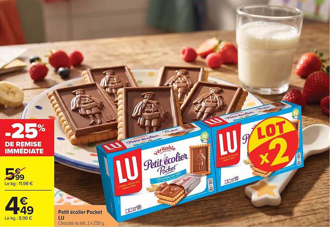 Petit écolier Pocket LU Chocolat au lait, 2 x 250 g