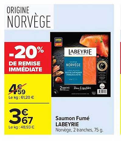 Saumon Fumé LABEYRIE Norvège, 2 tranches, 75 g.